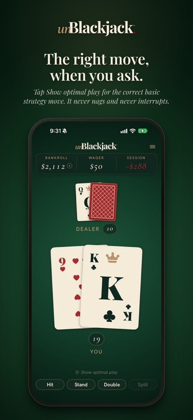unBlackjack App Store screen reading The right move, when you ask, showing nineteen against a dealer ten.