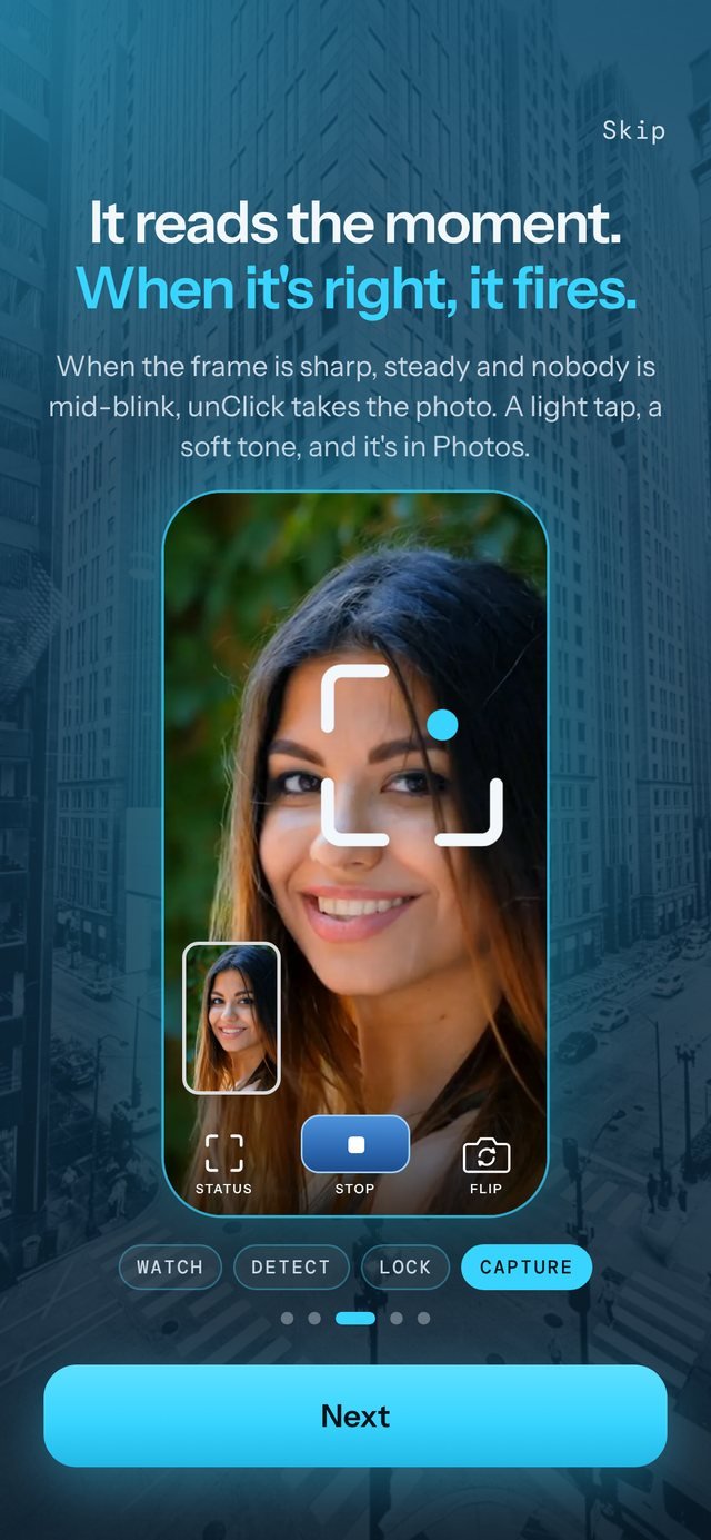 unClick onboarding screen reading: It reads the moment. When it is right, it fires.