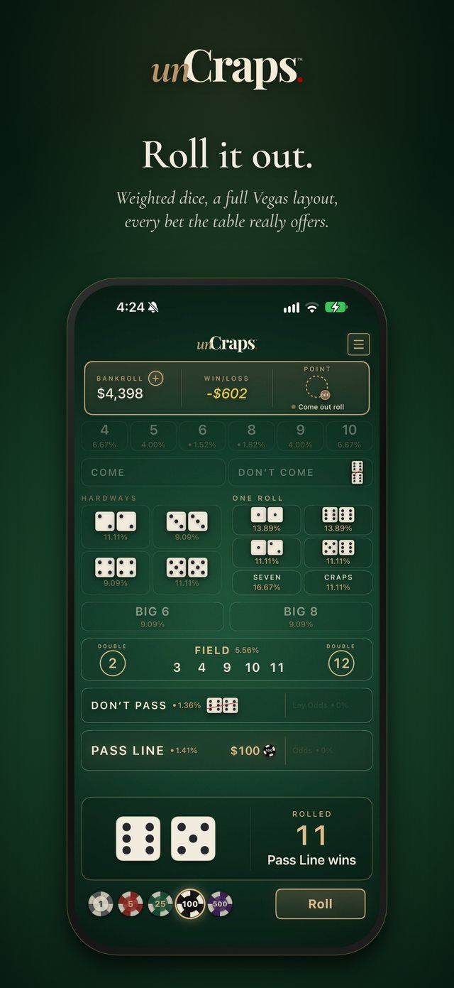 unCraps App Store screen reading Roll it out, showing the full craps table with the house edge on every bet.